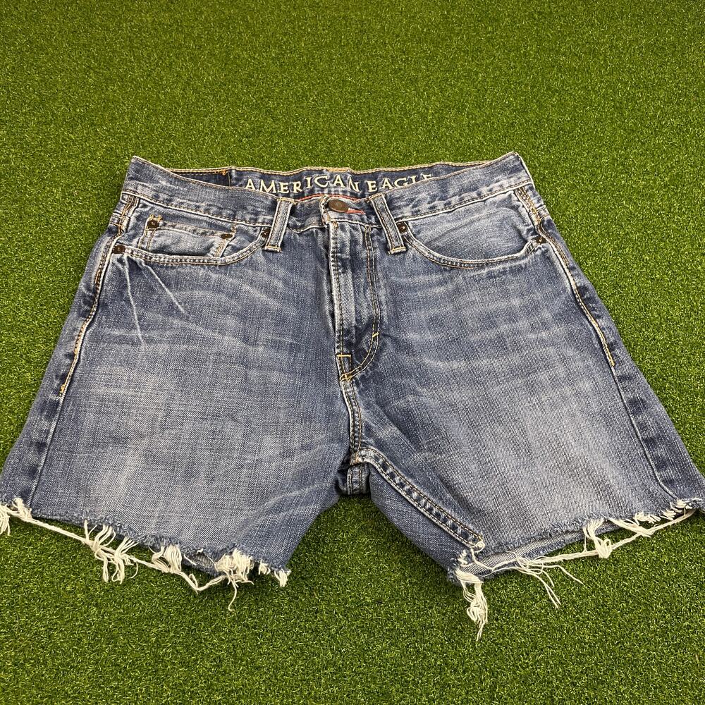 Vintage 90s American Eagle Blue Denim Frayed Hem Jean Shorts Sz 30"
